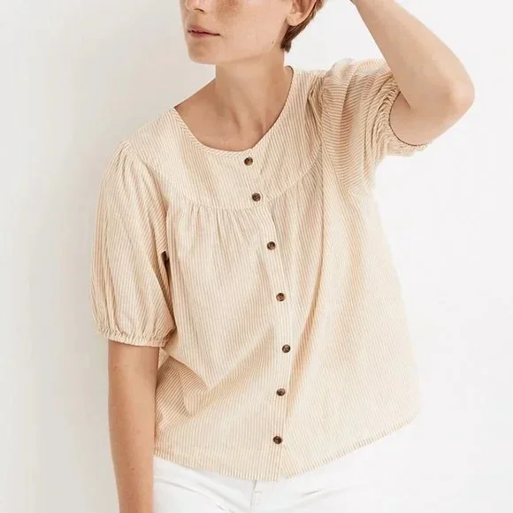Madewell Prose Yellow Striped Short Sleeve Button Loose Fit Peasant Top Sz XS - Picture 1 of 9